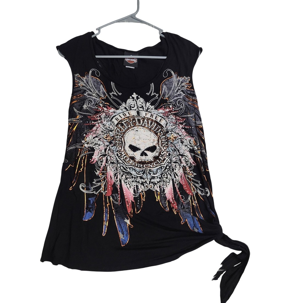 Harley-Davidson Y2K Black Skull Embellished Rhinestone Lace Back Tie Top M Women